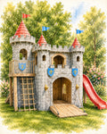 Children's play castle with red slide and flags in a garden setting