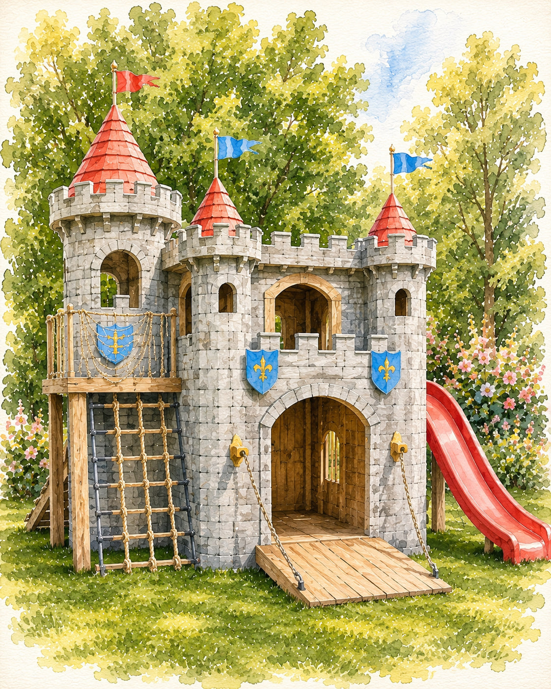 Children's play castle with red slide and flags in a garden setting