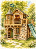 Wooden playhouse with stone look foundation, slide, and flag in a garden setting